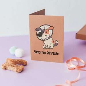 Greeting card with the phrase ‘Sorry You Are Pawly’ and a dog illustration