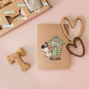 Greeting card with the phrase ‘New Home’ and a dog illustration.