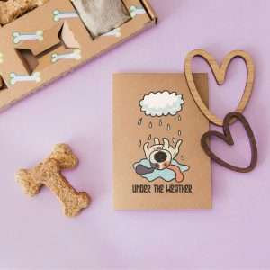 Greeting card with the phrase ‘under the weather’ and a dog illustration.