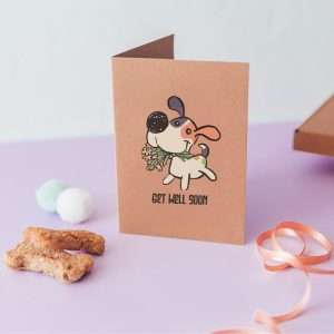 Greeting card with the phrase ‘get well soon’ and a dog illustration.