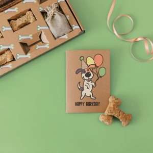 Greeting card with the phrase ‘Happy Barkday' and a dog illustration.