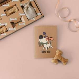 Greeting card with the phrase ‘Thank You' and a dog illustration.